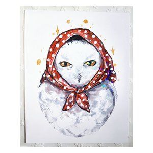 White Owl Holographic Large Print, Watercolor Cute Bird Illustration